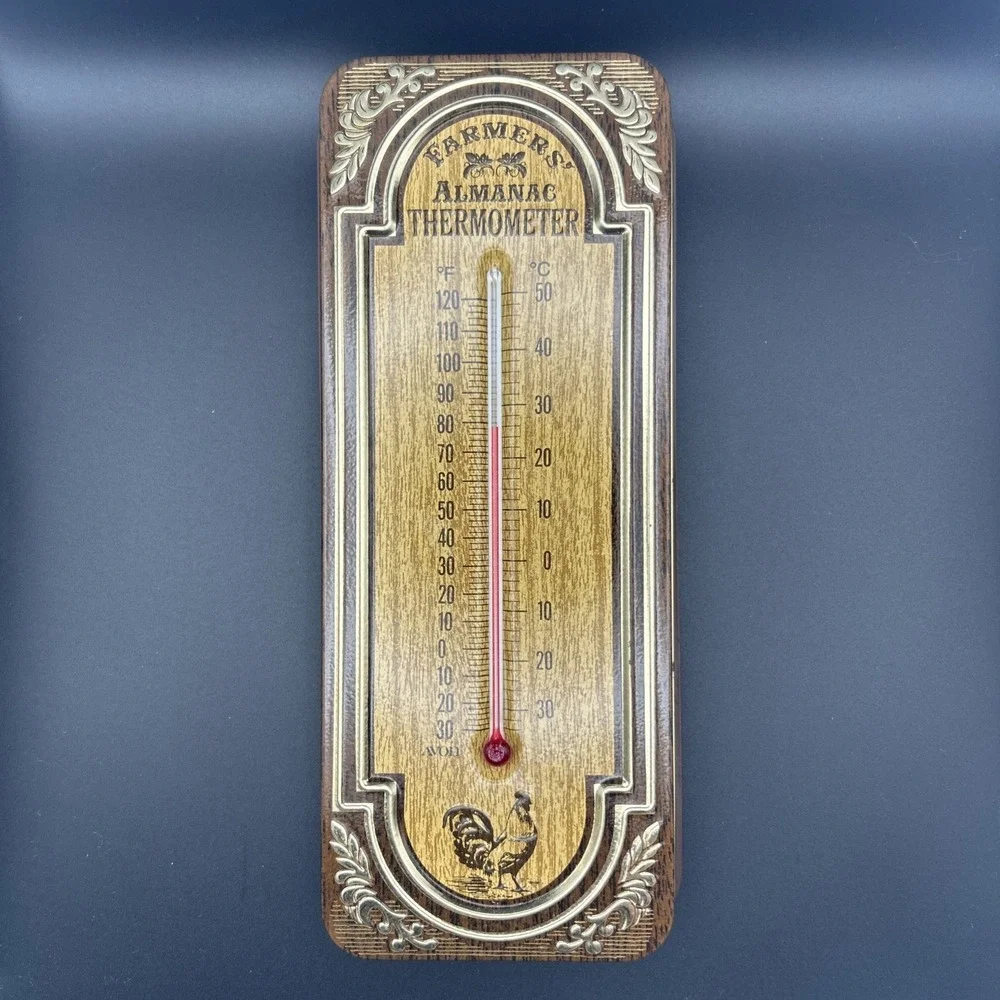 1979 FARMER'S ALMANAC THERMOMETER w/ SOAP'S Tin Cover w/ Rooster 9